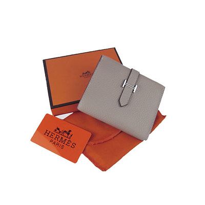 Good Reviews Hermes Unisex Leather Bi-fold Grey Wallet 4 Card Slots Silver Hardware Replica 