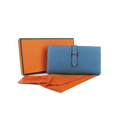 Women's Hermes Calf Leather Blue Bearn Long Belt Wallet Silver Hardware Card Slots & Change Purse 