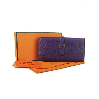 High Quality Women's Hermes Bearn Purple Long Grainy Calf Leather H Loop Wallet Replica 