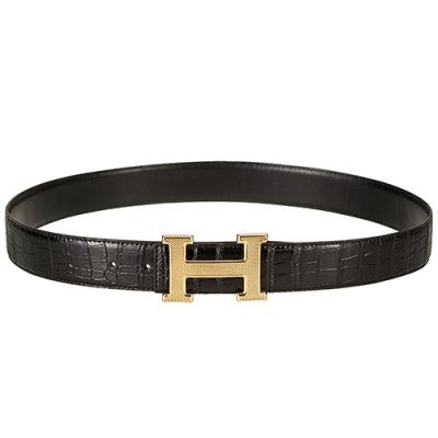 Fashion Hermes Yellow Gold Plated H Buckle Womens Black Alligator Leather Clone Belt For Sale 