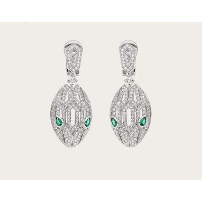 Good Reviews Bvlgari Serpenti Emerald Eye Full-set Diamonds Snake Head Pendant Ladies 925 Silver Hollow Earrings 352756 OR857727