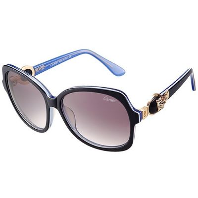 Cartier Decor Oversized Black & Blue Frame Double C Logo Gold-Plated Adornments Purple Lenses Women Sunglasses Sale 
