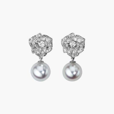 Piaget Replica Rose Earrings White Gold Pearl Diamonds Elegant Women Jewelry G38U0067