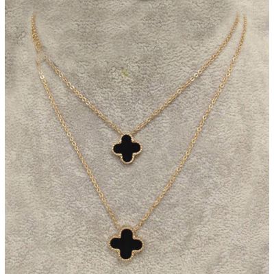 Van Cleef & Arpels Perlee 2 Clover Black Motif Pendants Double Chain Necklace Replica Pink Gold