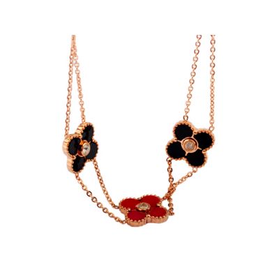 Van Cleef & Arpels Vintage Alhambra 3 Clover Black & Red Diamonds Necklace Replica 18kt Pink/White Gold 