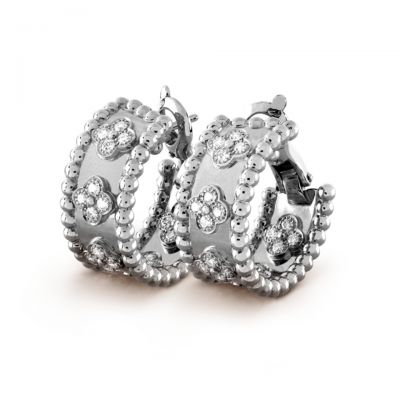 Van Cleef & Arpels Perlee Clovers Diamonds Hoop Earrings 18K White Gold Replica VCARO2ML00 
