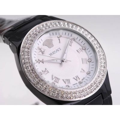 Replica Versace Dual Circles Diamonds Lady Black Ceramic Bracelet White Watch 