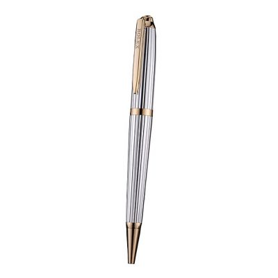Rolex Rose Gold Remmed Silver Vertically Grooved High End Ballpoint Pen With Logo Clip & Finial