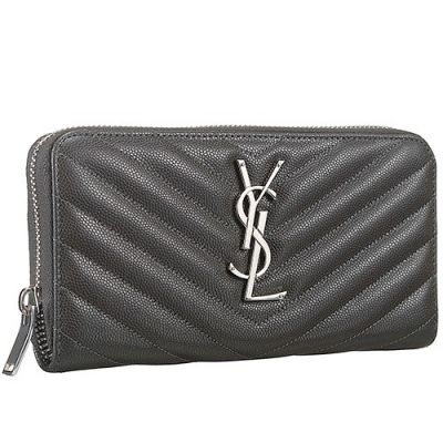 Fashion Saint Laurent Monogram Silver YSL Logo Front Women Grey Small Zipper Wallet 