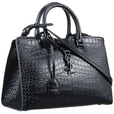 Saint Laurent Cabas Tote Bag Crocodile Leather Two Round Leather Handle Straps Zipper Closure Black