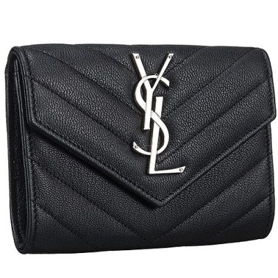 Hot Sale Saint Laurent Press Button Closure Monogram Silver YSL Logo Front Wallet Black Leather
