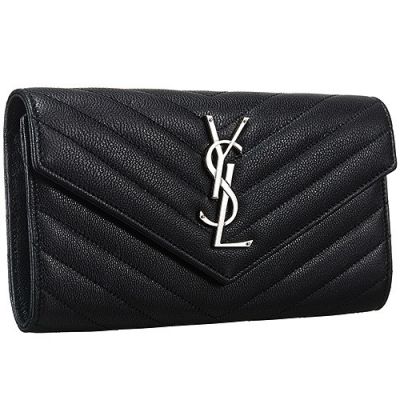 Fake Saint Laurent Women's Monogram V-Pattern Quilted Black Leather Flip Wallet 