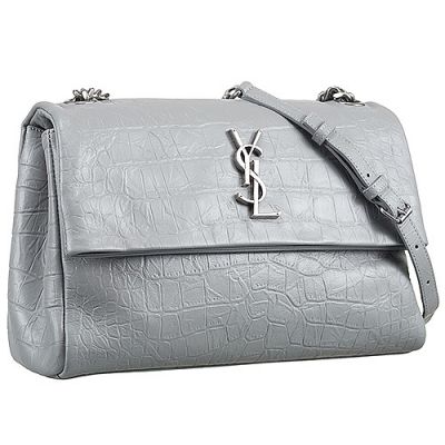 Saint Laurent Grey Crocodile Leather West Hollywood Large Women's Shoulder Bag Silver Trims