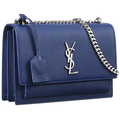 Saint Laurent Sunset Leather Lining Chain And Leather Shoulder Strap Shoulder Bag Blue 442906D420N4318